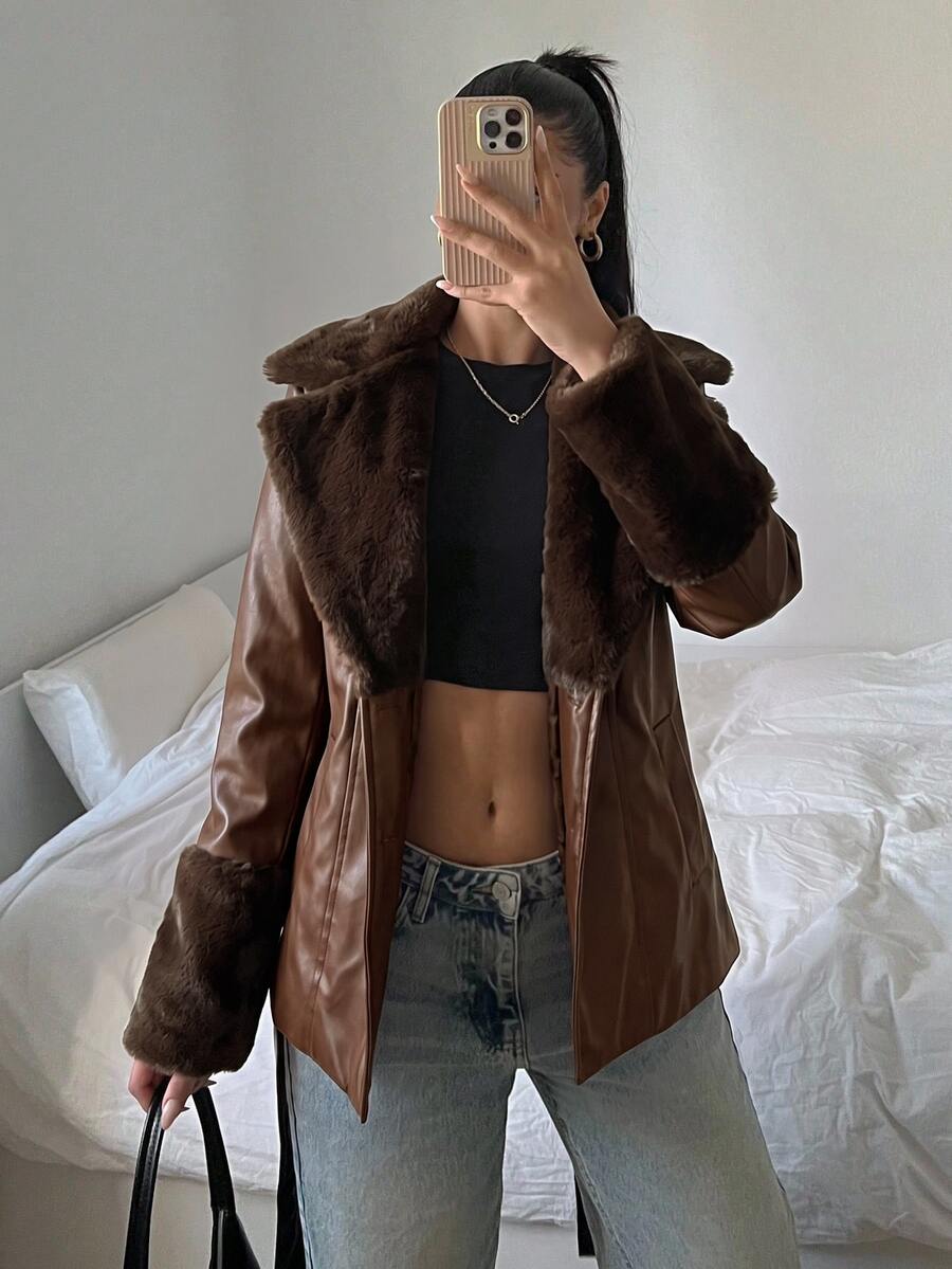Kalispell Belted Faux Leather Jacket with Lapel Collar