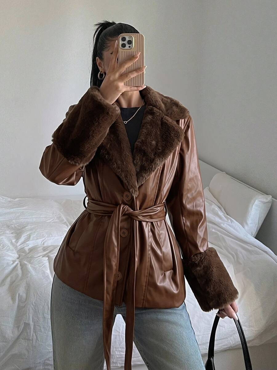 Kalispell Belted Faux Leather Jacket with Lapel Collar