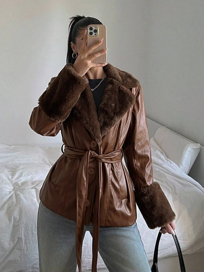Kalispell Belted Faux Leather Jacket with Lapel Collar
