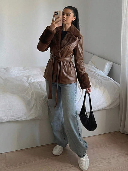 Kalispell Belted Faux Leather Jacket with Lapel Collar