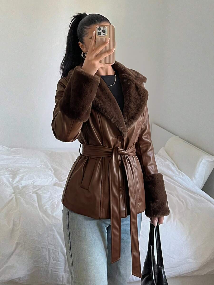 Kalispell Belted Faux Leather Jacket with Lapel Collar