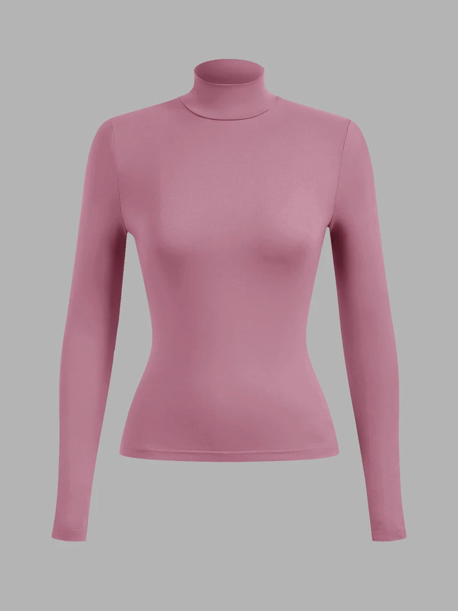 Aberdeen Fleece Lined Thermal Mock Neck Fitted Top - Pink