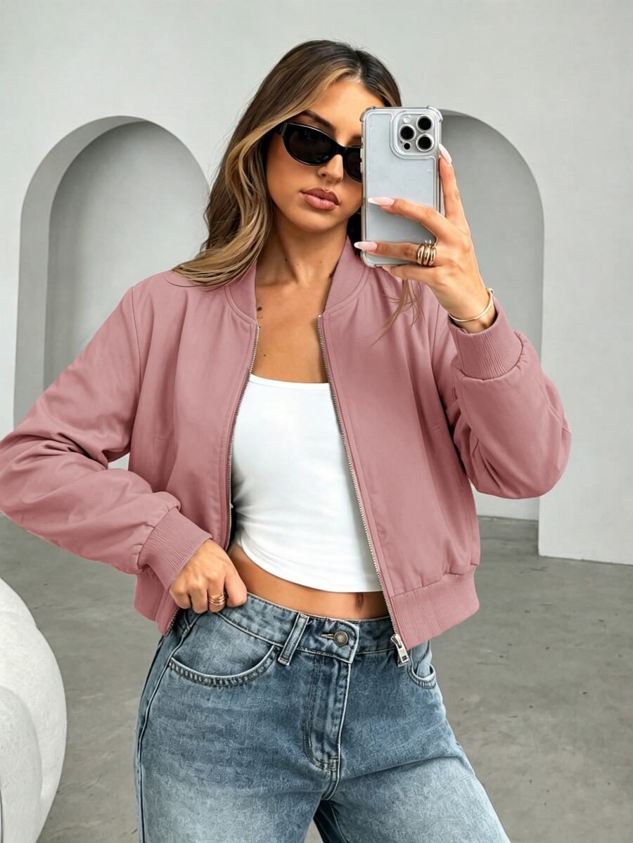 Steamboat Zip Up Bomber Jacket with Ribbed Trim - Dusty Pink