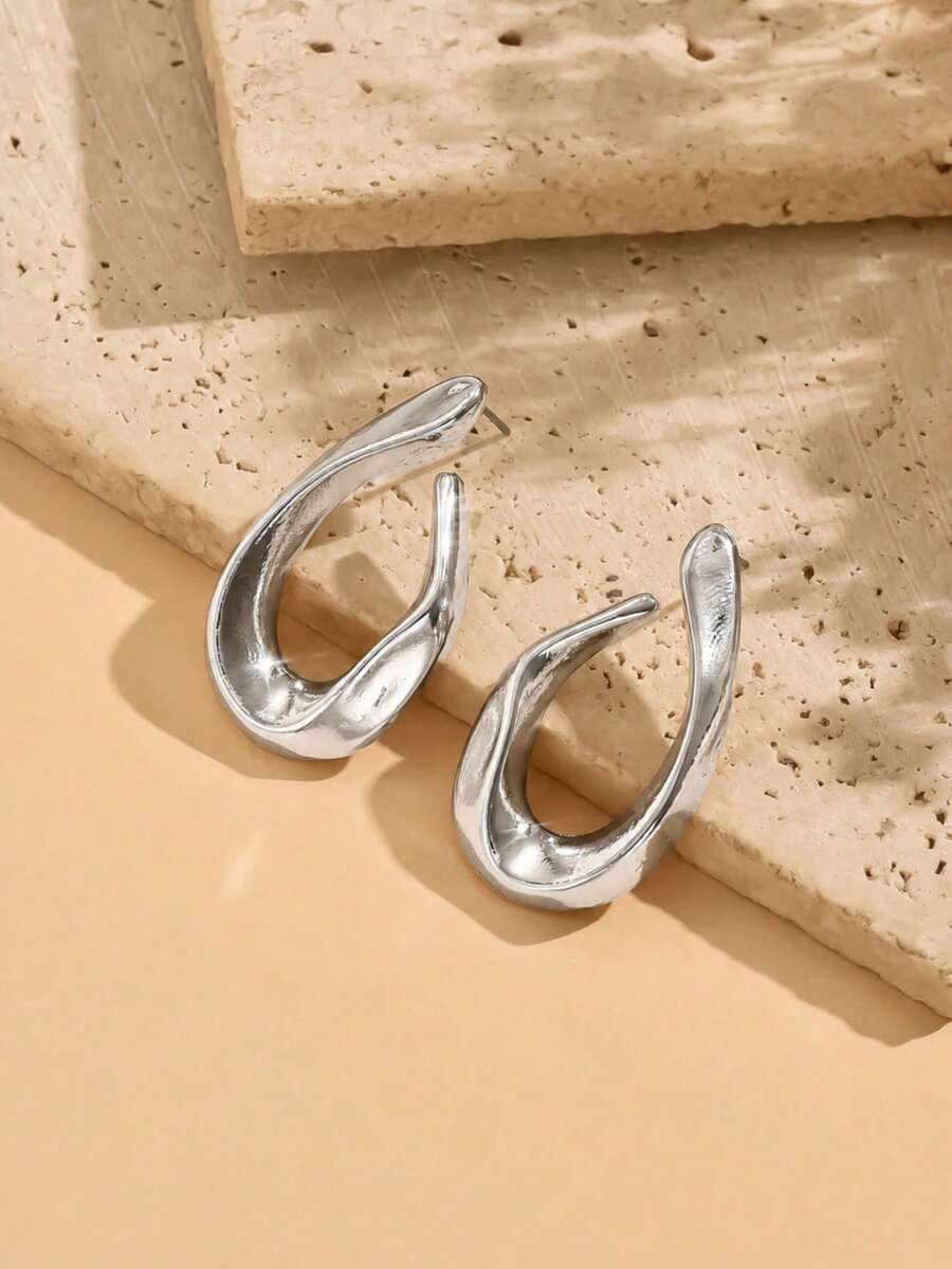 Women's Asymmetrical Gold Drop Earrings, Wavy Metal Hook Statement Earrings, Minimalist Everyday Jewelry