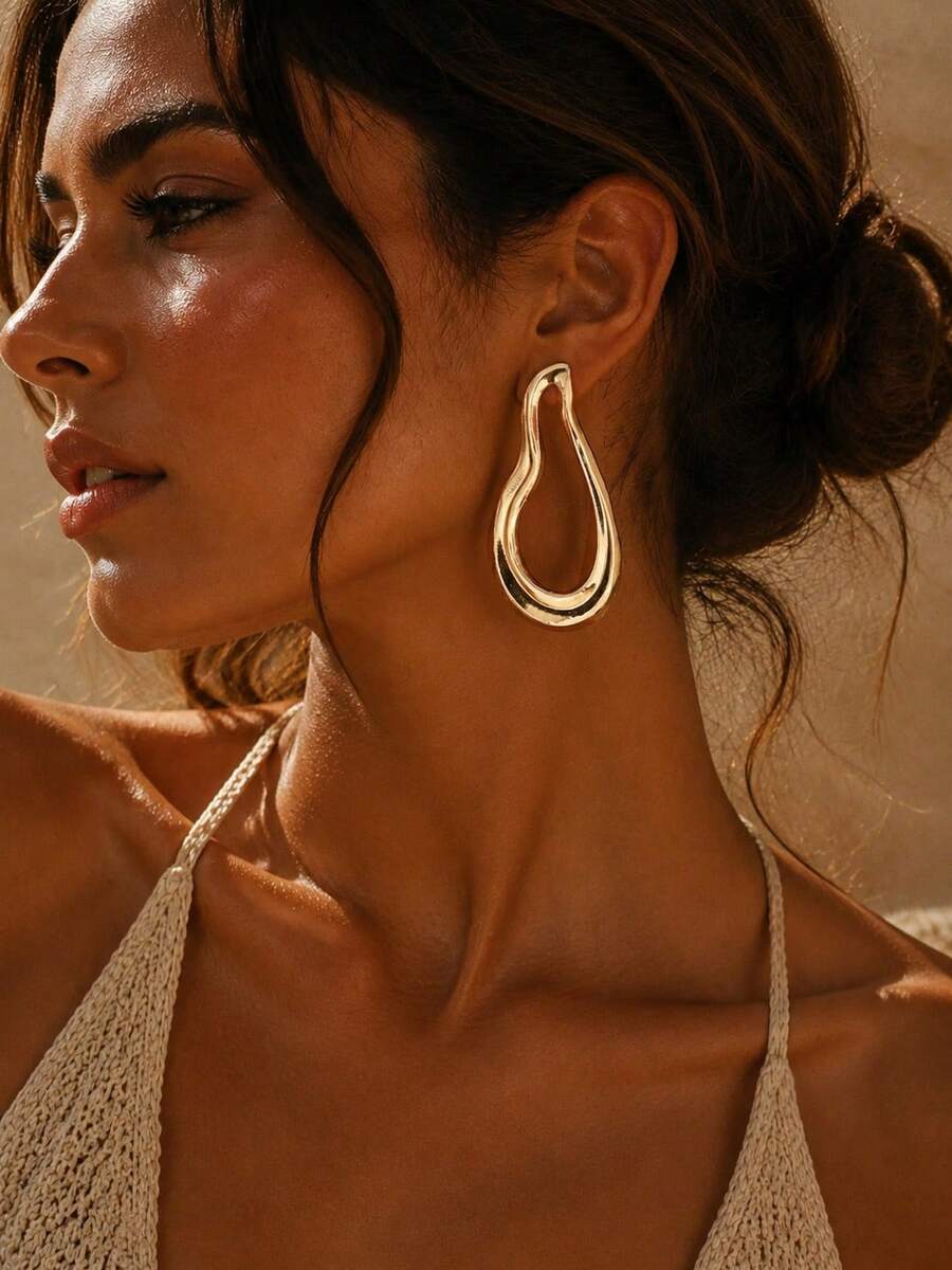 Women's Asymmetrical Gold Drop Earrings, Wavy Metal Hook Statement Earrings, Minimalist Everyday Jewelry