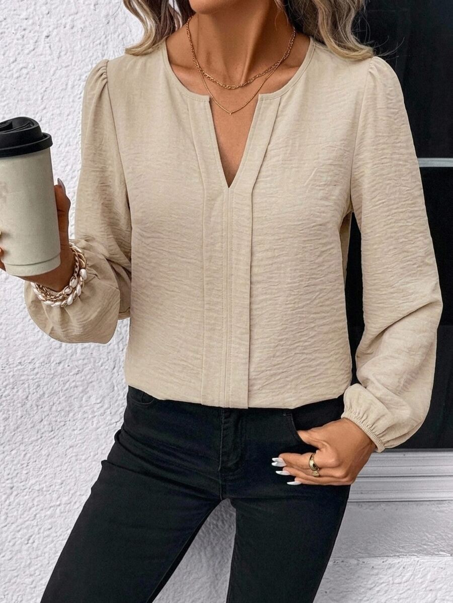 Nell Long Sleeve Blouse with Split V Neck and Lantern Sleeves - Tan