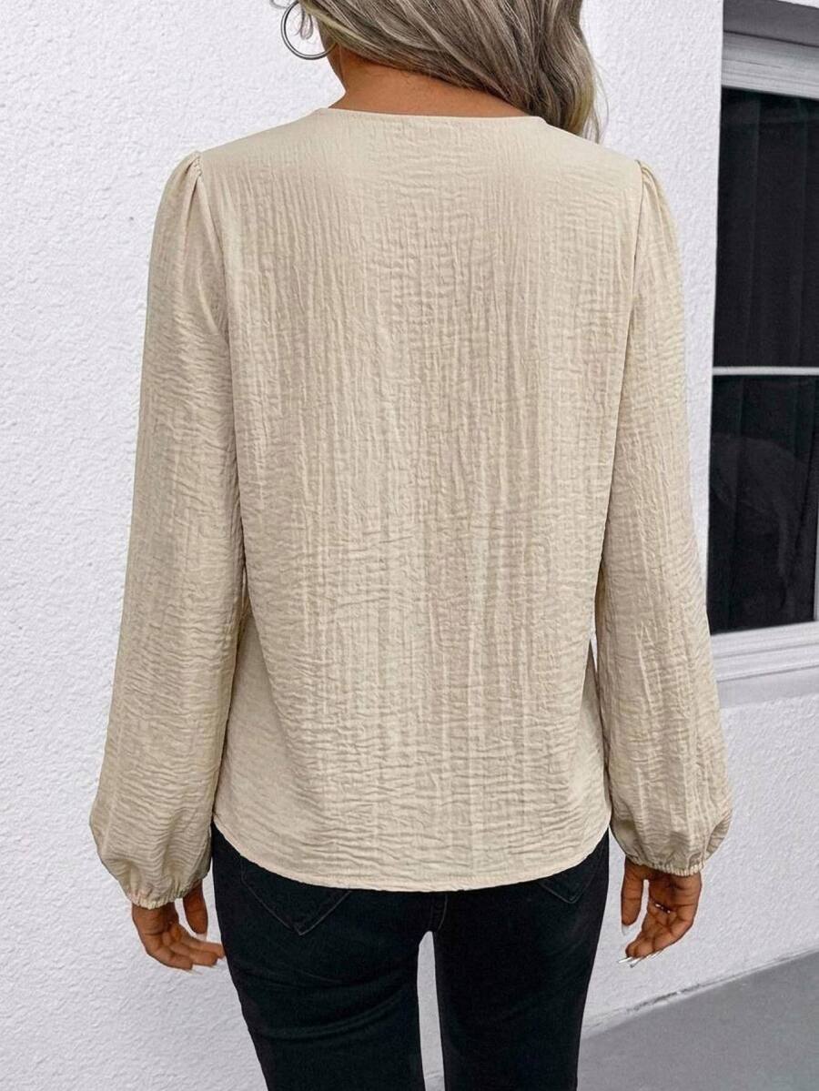 Nell Long Sleeve Blouse with Split V Neck and Lantern Sleeves - Tan