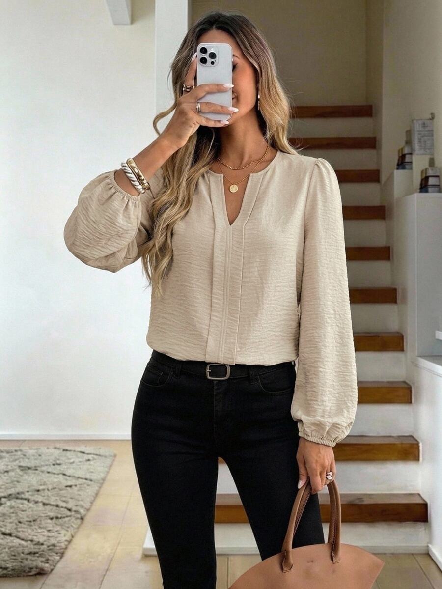 Nell Long Sleeve Blouse with Split V Neck and Lantern Sleeves - Tan