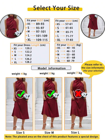 Women's Satin Cowl Neck Halter Midi Dress, Lined Silky Dress for Wedding Guest and Evening - Black