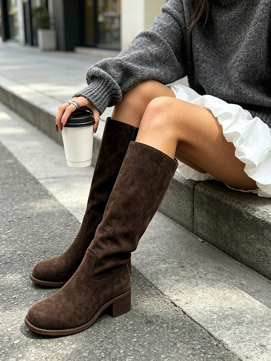 Knee High Boots For Woman Square Toe Fall Wide Calf Pull On Chunky Block Heeled Boots Riding Boots Autumn Casual Comfortable Block Heels For Women Mensa