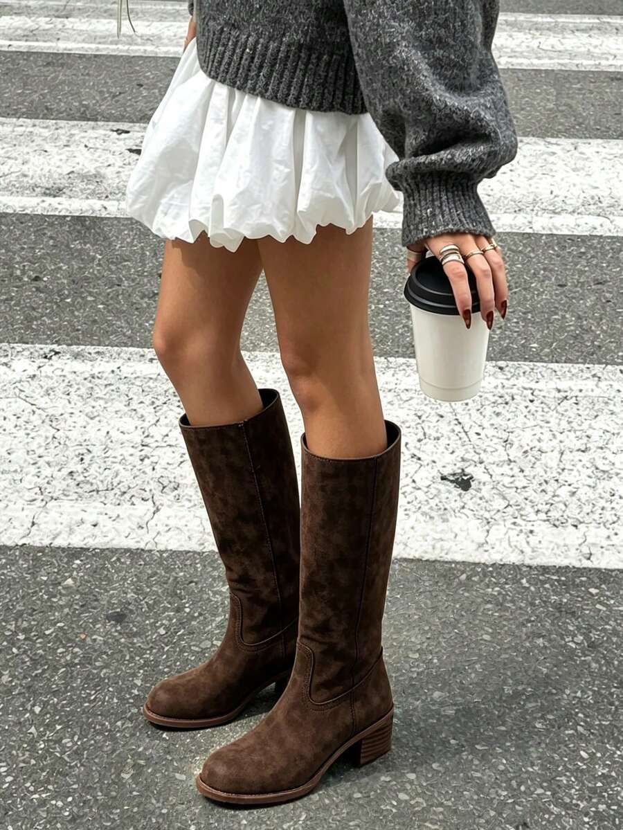 Knee High Boots For Woman Square Toe Fall Wide Calf Pull On Chunky Block Heeled Boots Riding Boots Autumn Casual Comfortable Block Heels For Women Mensa
