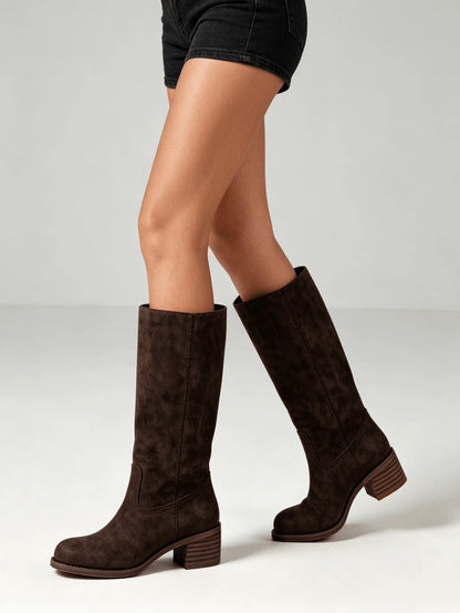 Knee High Boots For Woman Square Toe Fall Wide Calf Pull On Chunky Block Heeled Boots Riding Boots Autumn Casual Comfortable Block Heels For Women Mensa