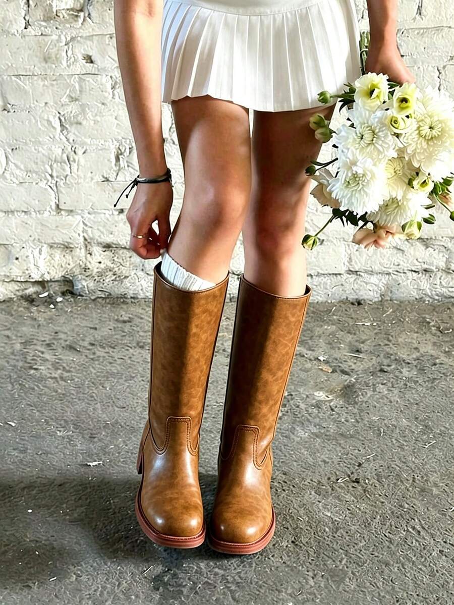 Knee High Boots For Woman Square Toe Fall Wide Calf Pull On Chunky Block Heeled Boots Riding Boots Autumn Casual Comfortable Block Heels For Women Mensa