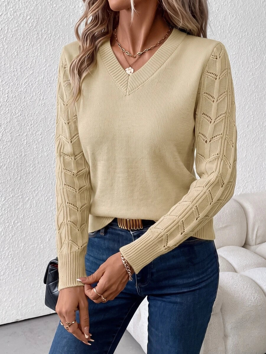 Henrietta Classic V-Neck Long Sleeve Knit Pullover Sweater - Khaki