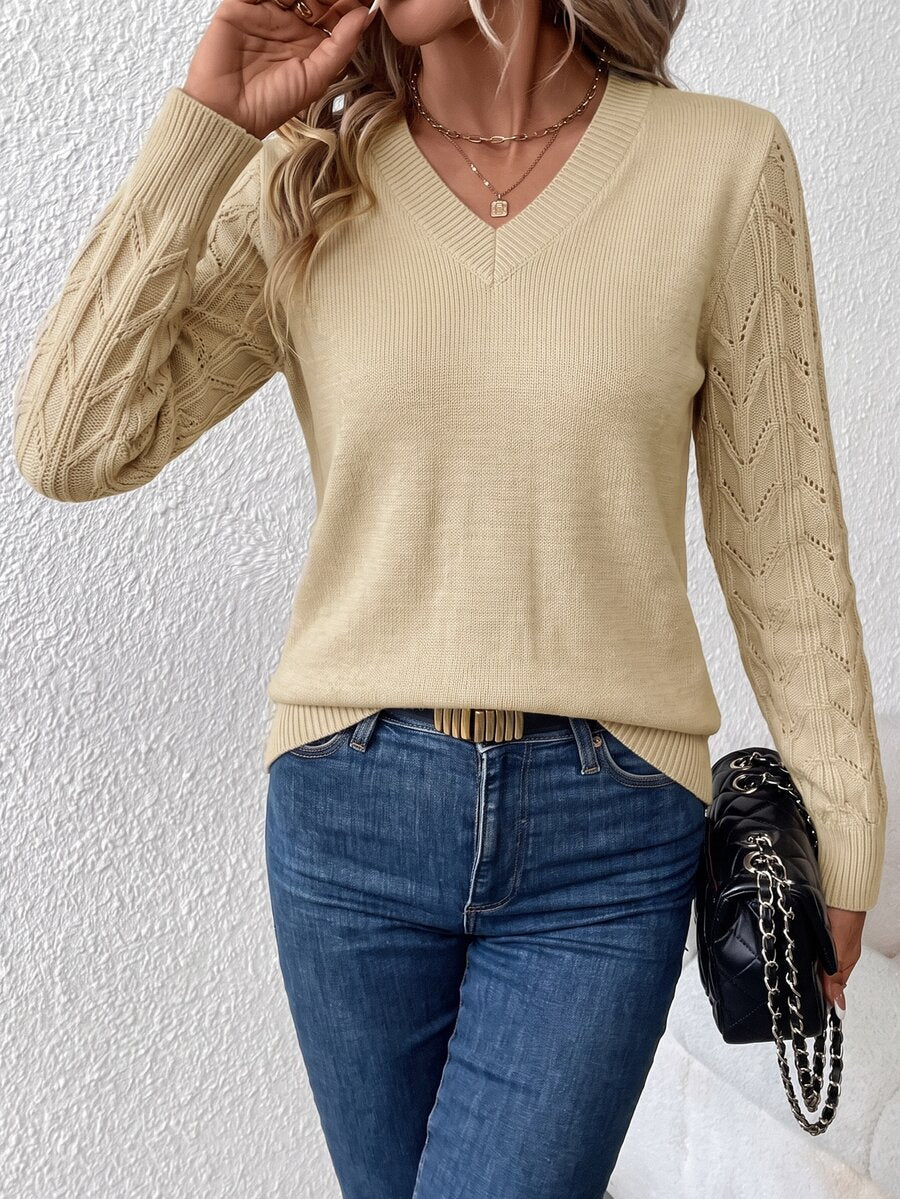 Henrietta Classic V-Neck Long Sleeve Knit Pullover Sweater - Khaki