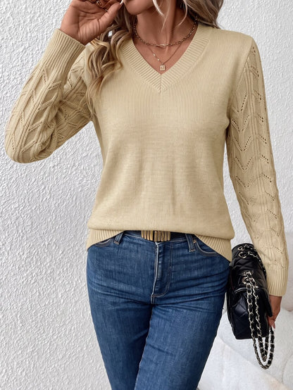 Henrietta Classic V-Neck Long Sleeve Knit Pullover Sweater - Khaki
