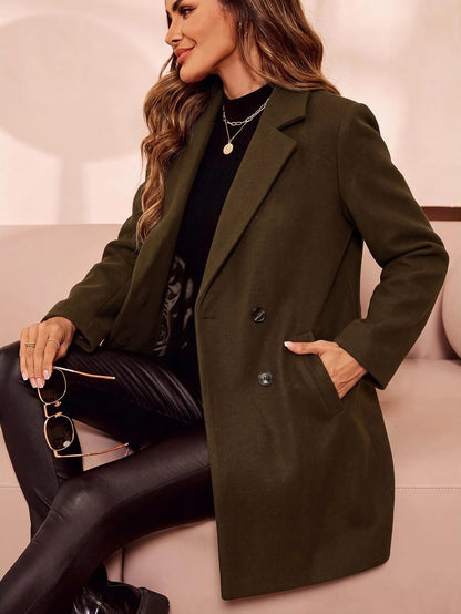 Aveline Double-Breasted Lapel Coat with Tailored Thigh-Length Cut - Brown