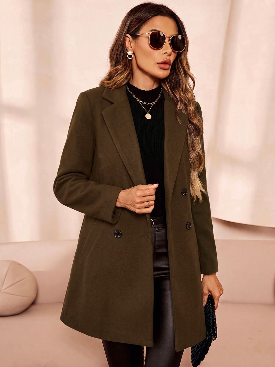 Aveline Double-Breasted Lapel Coat with Tailored Thigh-Length Cut - Dark Grey