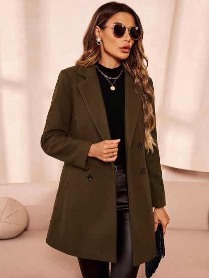 Aveline Double-Breasted Lapel Coat with Tailored Thigh-Length Cut - Dark Grey