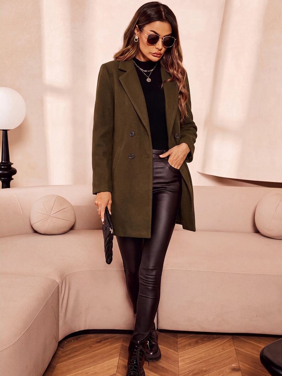 Aveline Double-Breasted Lapel Coat with Tailored Thigh-Length Cut - Multicolor