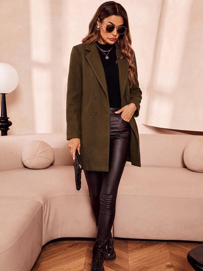 Aveline Double-Breasted Lapel Coat with Tailored Thigh-Length Cut - Multicolor