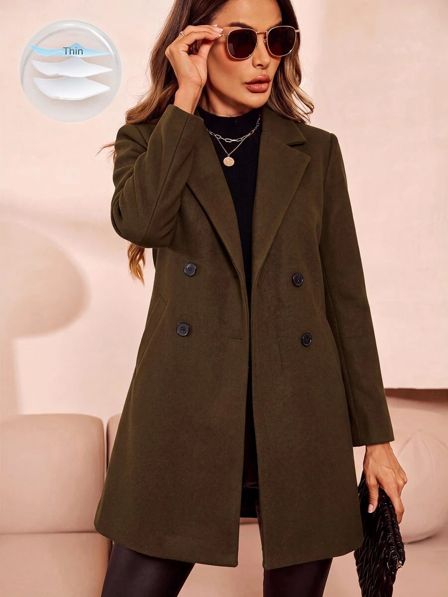 Aveline Double-Breasted Lapel Coat with Tailored Thigh-Length Cut - Khaki