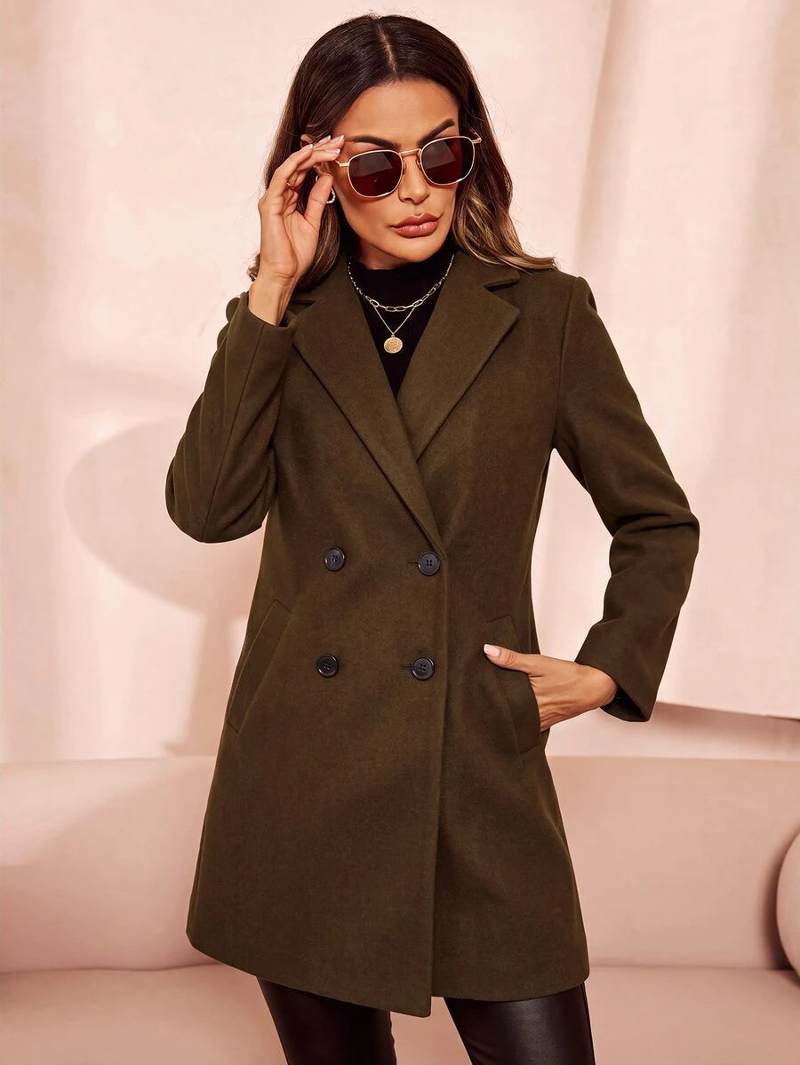 Aveline Double-Breasted Lapel Coat with Tailored Thigh-Length Cut - Navy Blue