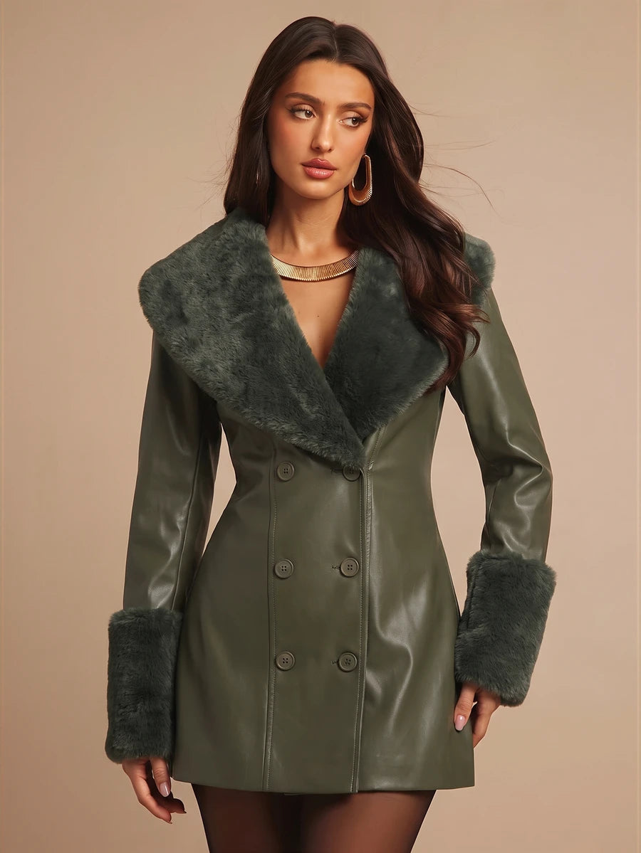 Saint Moritz Faux Fur Collar Double Breasted Faux Leather Jacket
