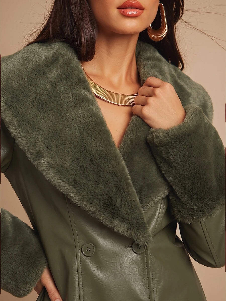 Saint Moritz Faux Fur Collar Double Breasted Faux Leather Jacket