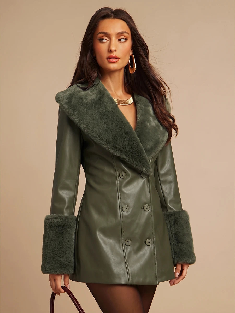Saint Moritz Faux Fur Collar Double Breasted Faux Leather Jacket