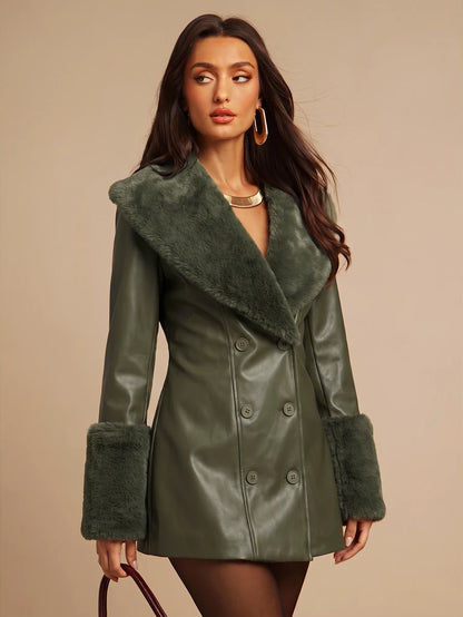 Saint Moritz Faux Fur Collar Double Breasted Faux Leather Jacket