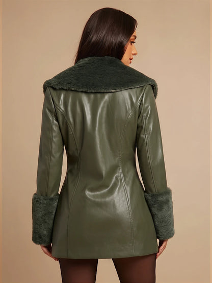 Saint Moritz Faux Fur Collar Double Breasted Faux Leather Jacket
