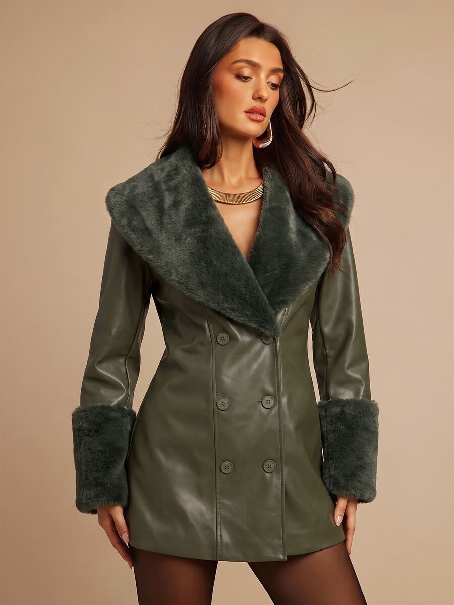 Saint Moritz Faux Fur Collar Double Breasted Faux Leather Jacket