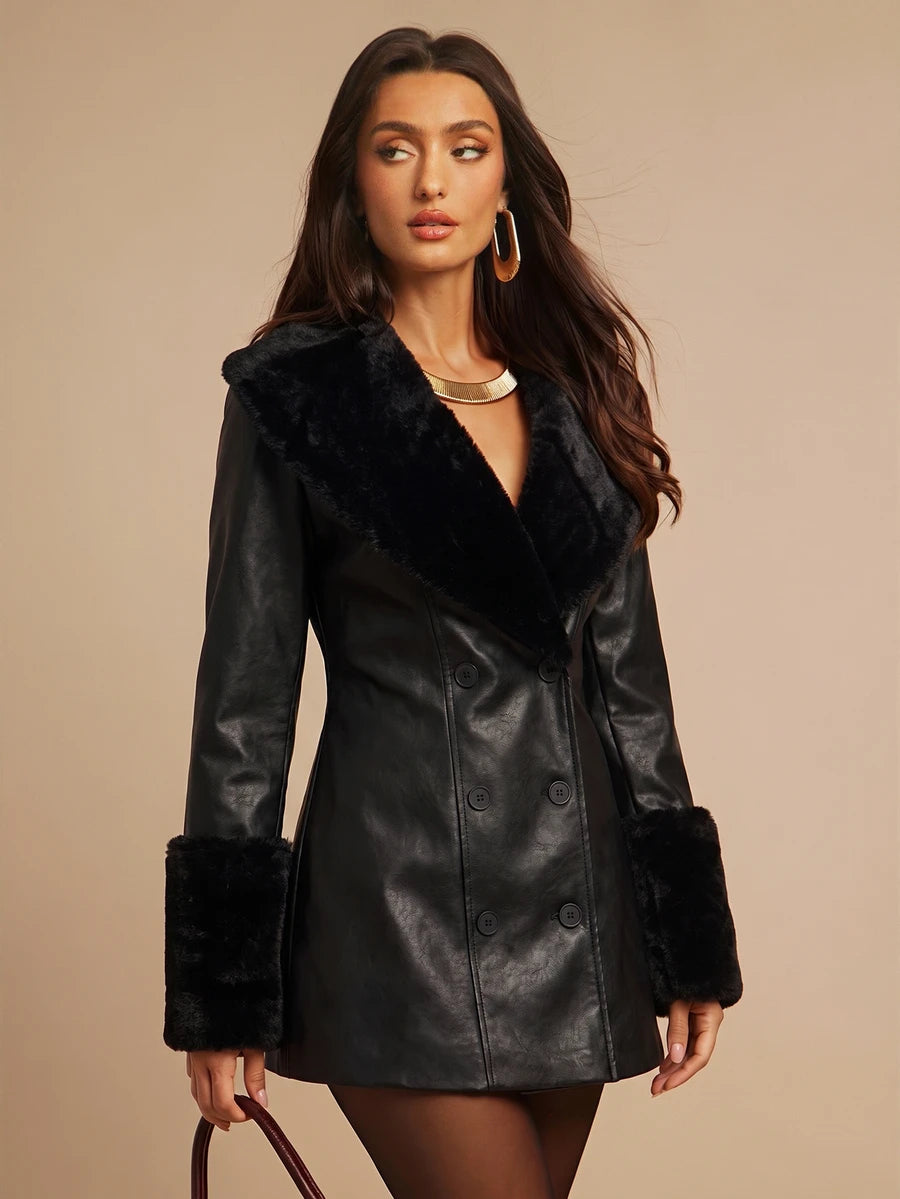 Saint Moritz Faux Fur Collar Double Breasted Faux Leather Jacket