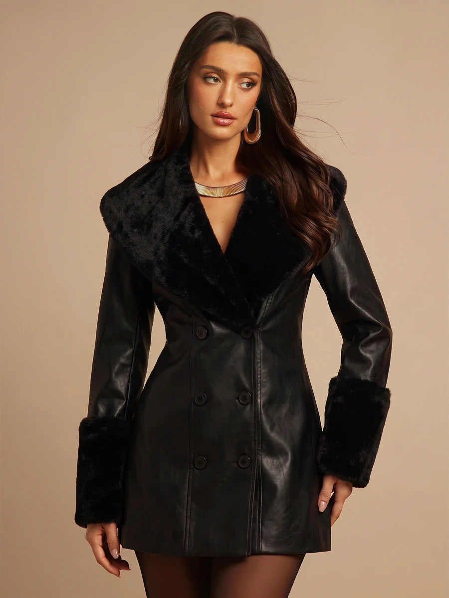 Saint Moritz Faux Fur Collar Double Breasted Faux Leather Jacket