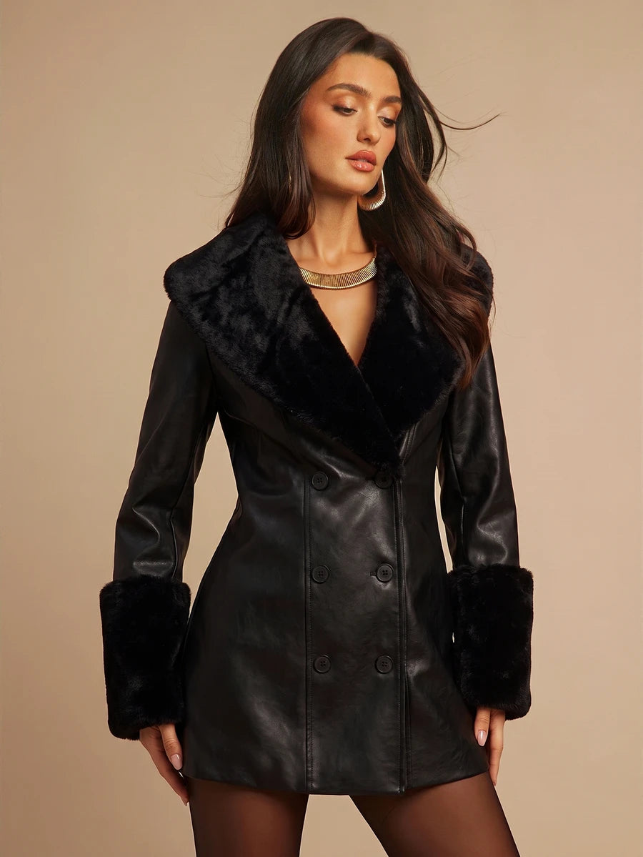 Saint Moritz Faux Fur Collar Double Breasted Faux Leather Jacket