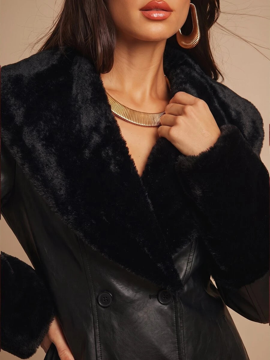 Saint Moritz Faux Fur Collar Double Breasted Faux Leather Jacket