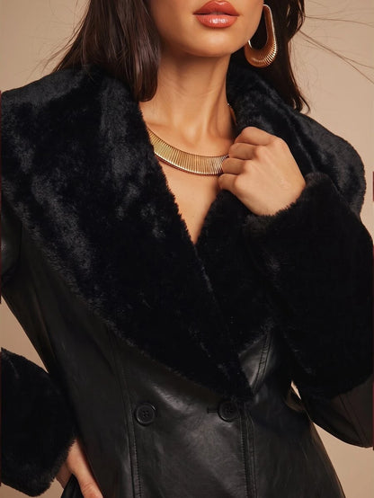 Saint Moritz Faux Fur Collar Double Breasted Faux Leather Jacket