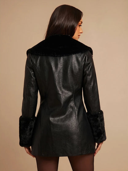 Saint Moritz Faux Fur Collar Double Breasted Faux Leather Jacket