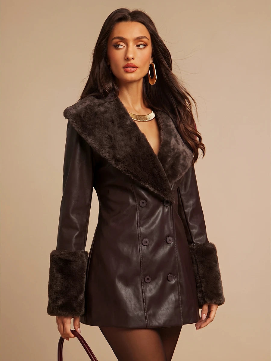 Saint Moritz Faux Fur Collar Double Breasted Faux Leather Jacket