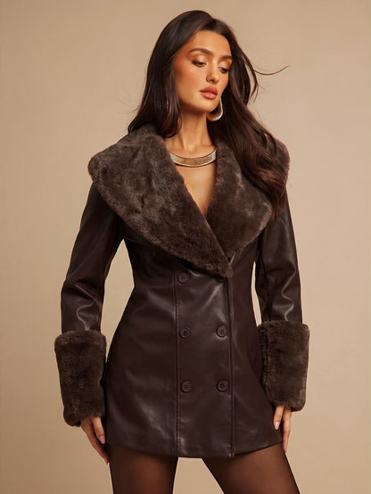 Saint Moritz Faux Fur Collar Double Breasted Faux Leather Jacket