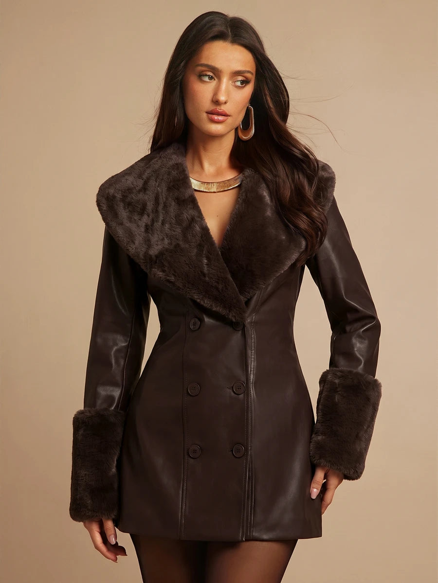 Saint Moritz Faux Fur Collar Double Breasted Faux Leather Jacket