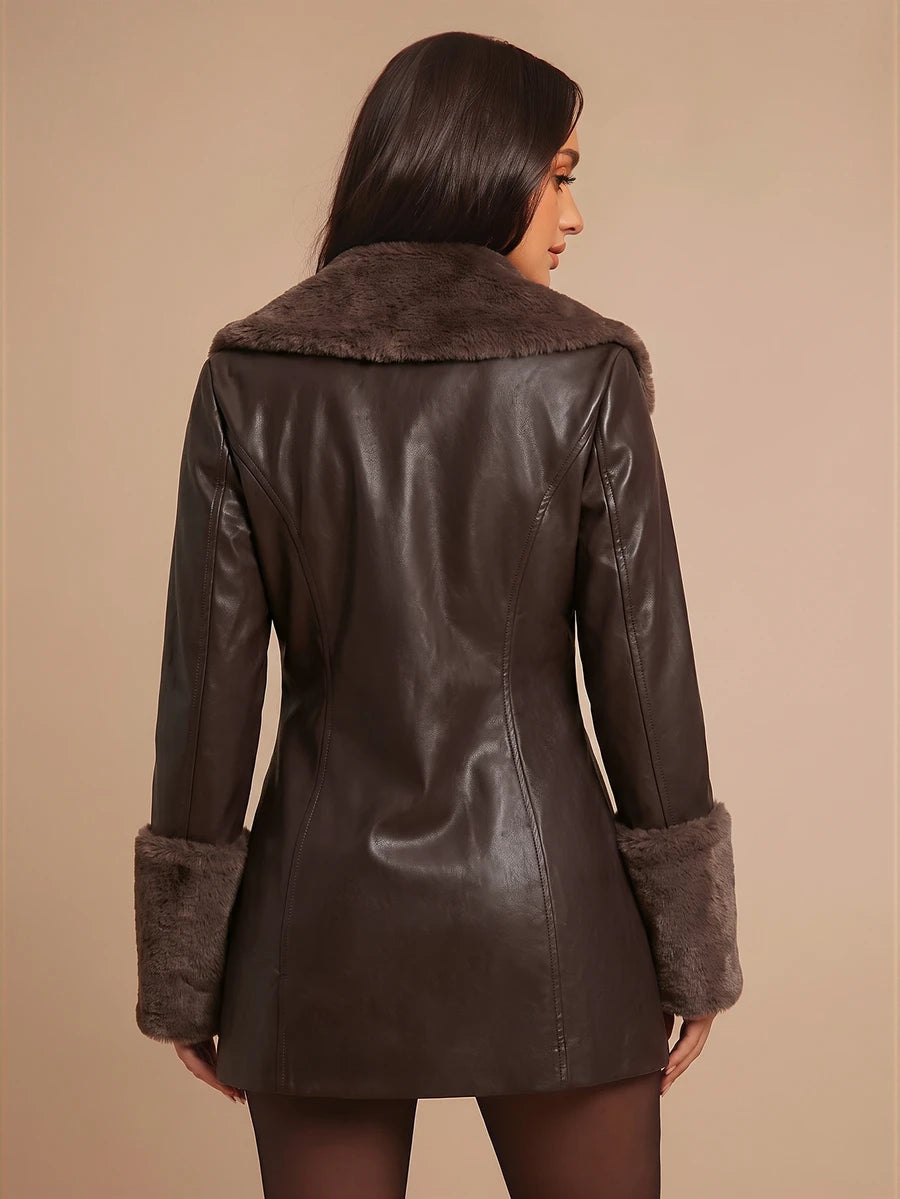 Saint Moritz Faux Fur Collar Double Breasted Faux Leather Jacket