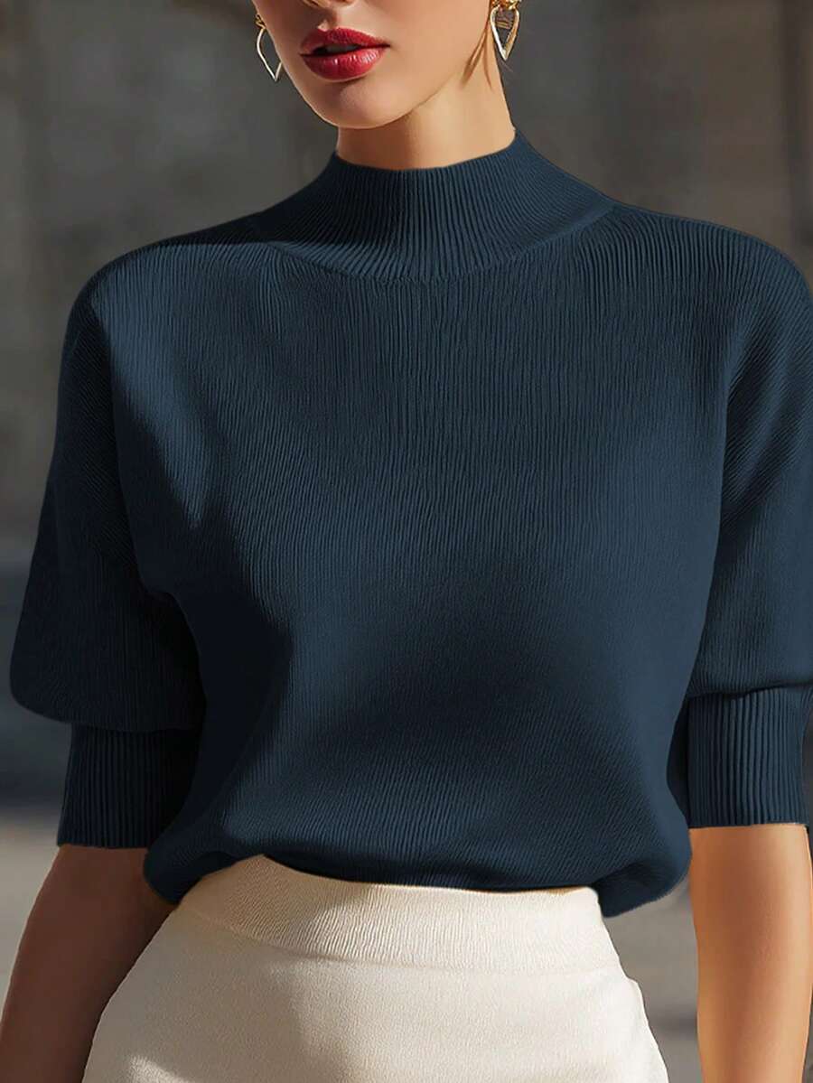 Women's Mock Neck Short Sleeve Knit Top, Fitted Sweater Tee for Work and Layering - Black