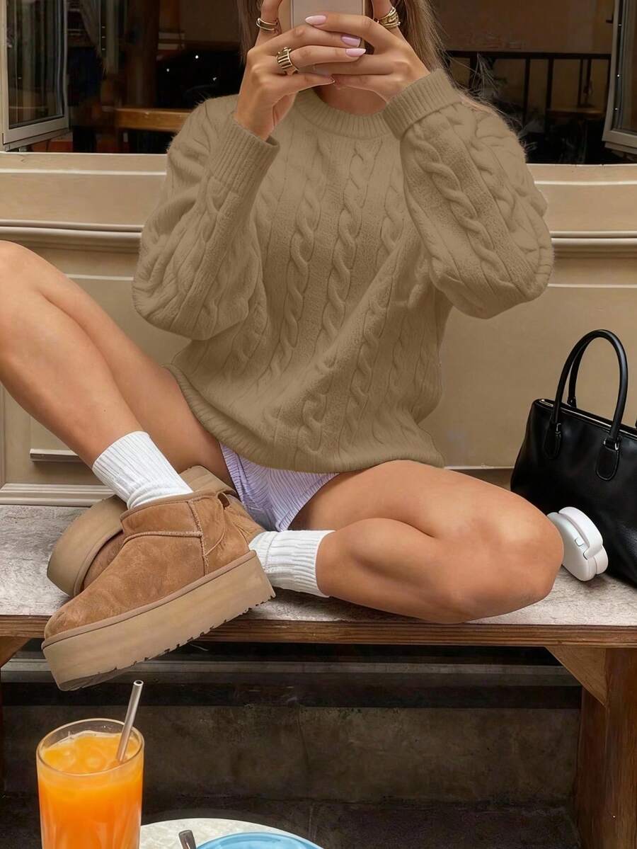 Marlowe Chunky Cable Knit Sweater Loose Crew Neck Pullover - Khaki