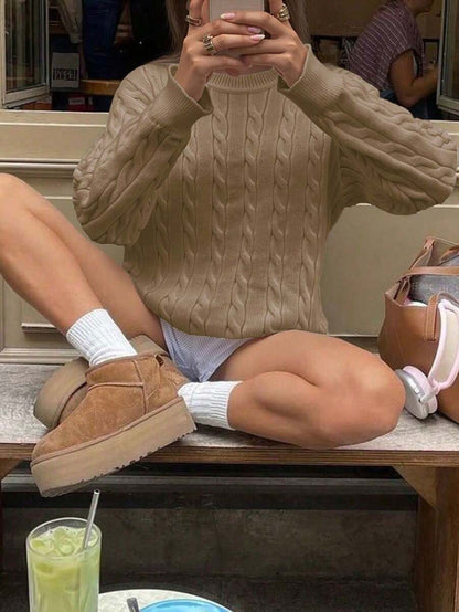 Marlowe Chunky Cable Knit Sweater Loose Crew Neck Pullover - Khaki