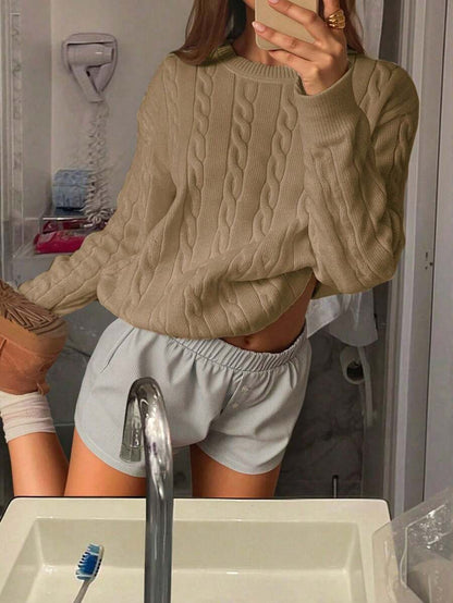 Marlowe Chunky Cable Knit Sweater Loose Crew Neck Pullover - Khaki
