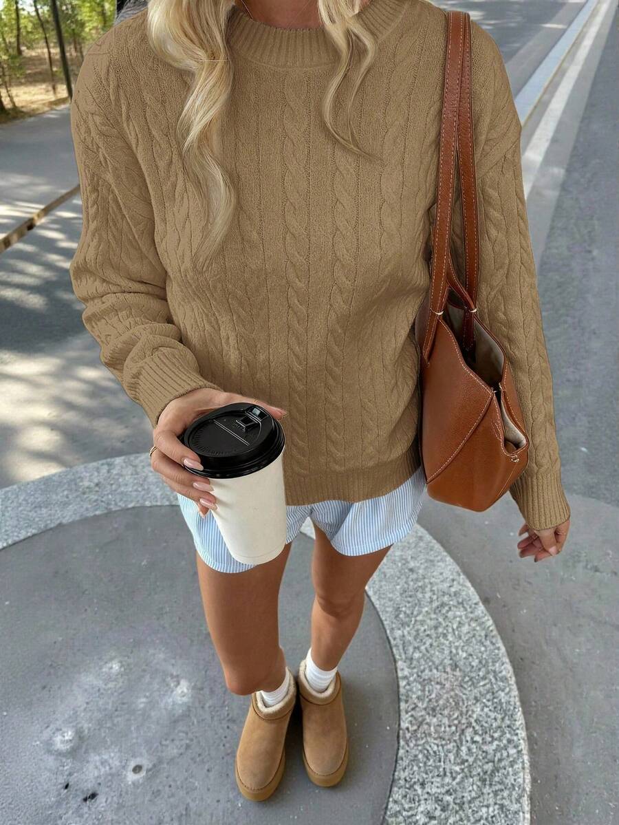 Marlowe Chunky Cable Knit Sweater Loose Crew Neck Pullover - Khaki