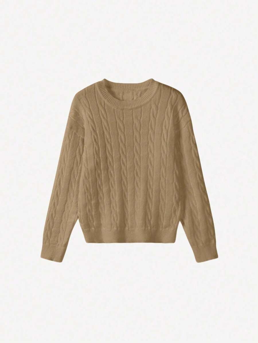 Marlowe Chunky Cable Knit Sweater Loose Crew Neck Pullover - Khaki