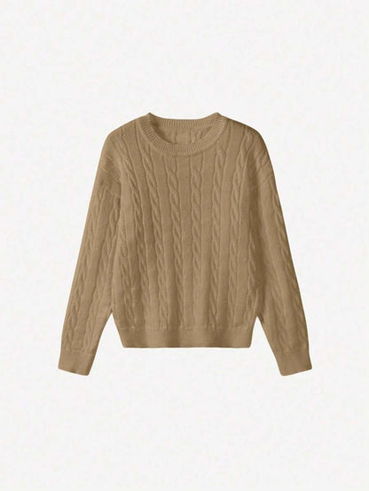 Marlowe Chunky Cable Knit Sweater Loose Crew Neck Pullover - Khaki